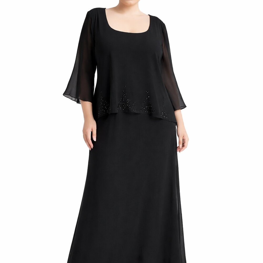 Chelsea Nites Womens Size 14W Black Ankle-Length Beaded Chiffon Evening Dress